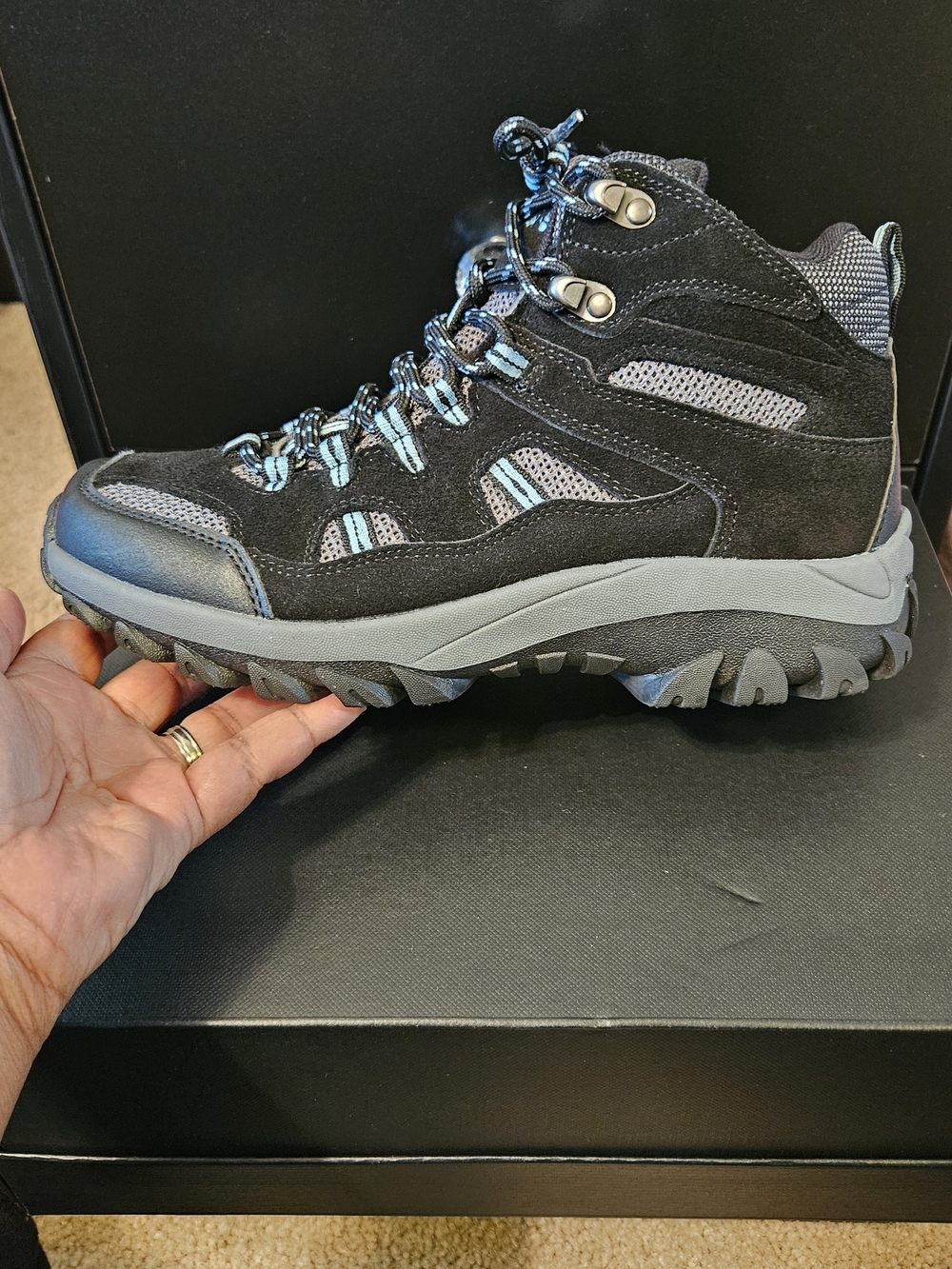 BearPaw Women's Black and Gray Hiking Mid Boot with Light Blue Accents